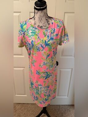 Lilly Pulitzer Bright Pink Floral Front Pocket Shift Dress 💯 Pima Cotton Resort